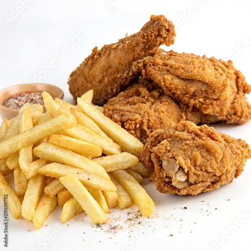Fried chicken pieces with golden crispy batter served alongside french fries