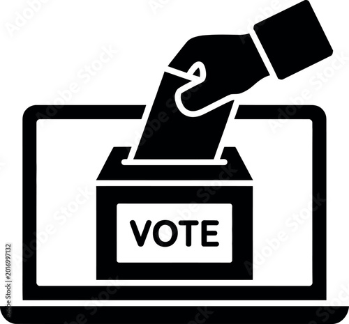 Black and white voting icon with hand dropping ballot into laptop ballot box