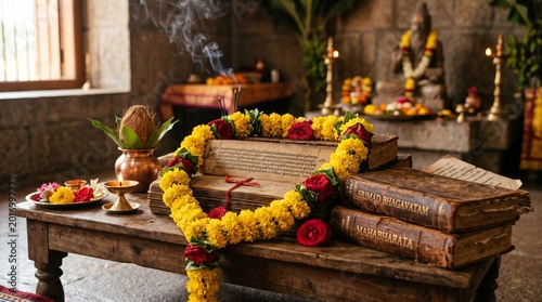 Ancient Vedic Palm-Leaf Manuscripts and Leather-Bound Sacred Scriptures Arranged on a Low Wooden Table for Vyasa Puja Spiritual Ceremony