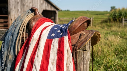 Leather cowboy saddle with American flag draped over wooden fence post. Western ranch heritage concept. Patriotic rural life symbols in farm field for Independence Day celebration.