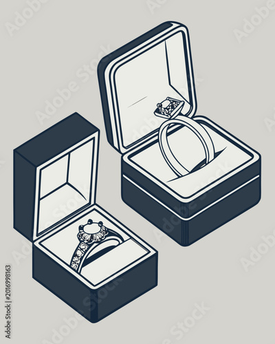 Slika na platnu Two engagement rings in open jewelry boxes with engagement precious proposal mar