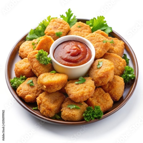 Golden fried appetizers with dipping sauce on rustic plate garnished with parsley