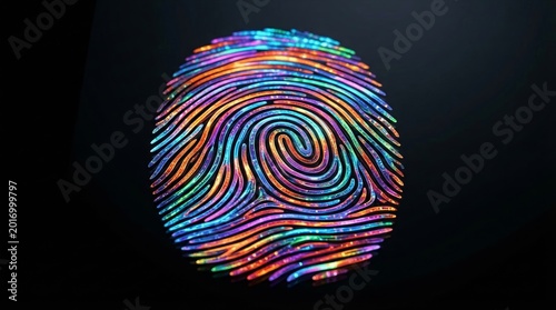 Multicolor fingerprint on dark background. Digital biometric security concept for data protection and identification. Glowing virtual technology for modern cyber system access scan.