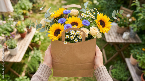 Close up POV of hands holding kraft paper bag handles with summer wildflowers mockup template.