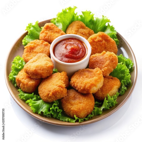 Golden fried croquettes arranged on lettuce leaves with dipping sauce bowl