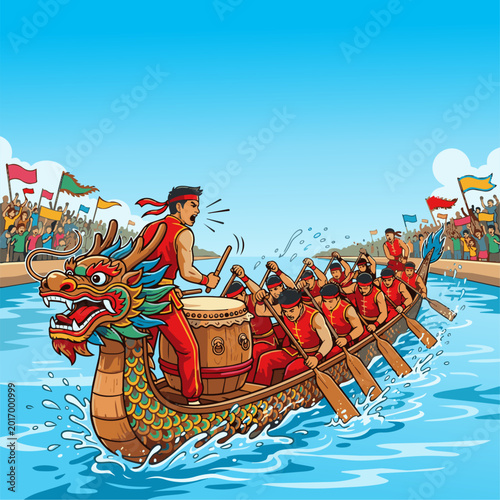 Tableau sur toile A hyper-realistic, dynamic, low-angle shot of a traditional Dragon Boat race at the climax of the competition
