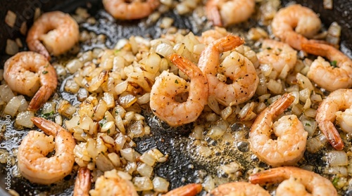 Shrimp frying with onion in a hot pan. Cooking seafood for dinner. Healthy protein meal preparation in kitchen. Culinary process of sauteing shellfish with chopped vegetable seasoning.