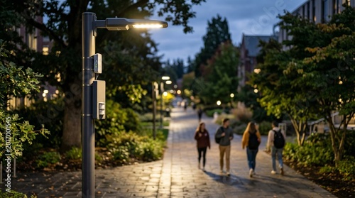 Smart street light with sensor on pole in university campus park at evening. Group of student walking on path. Intelligent lighting for urban infrastructure and public safety concept.