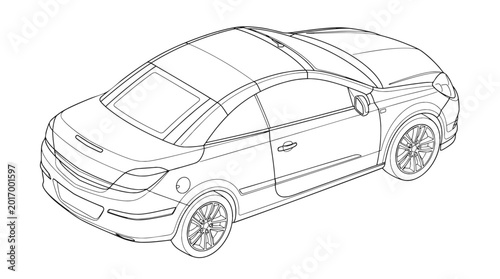 Modern Hardtop Convertible Car Rear Three-Quarter View Line Art Illustration, Technical Automotive Vector Outline for Design and Engineering Projects