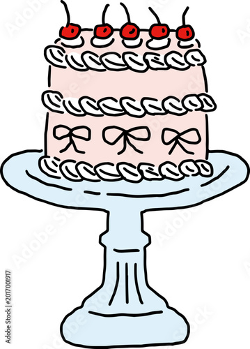 Hand-drawn cute birthday cake with cherries on a glass stand, vintage style vector illustration