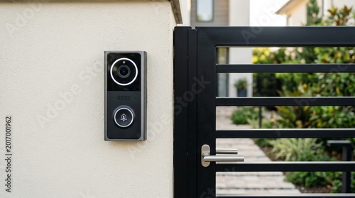 Smart video doorbell mounted on wall by entrance gate. Modern electronic security system for home protection and remote surveillance. Wireless digital doorbell equipment for house safety.