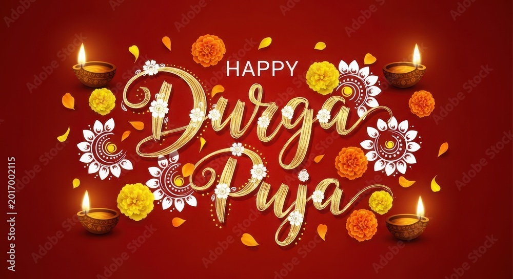 Naklejka premium Beautiful happy durga puja greeting card design with oil lamps diya and marigold flowers on festive dark background.