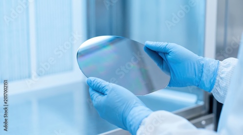 Gloved hands holding polished silicon wafer in cleanroom