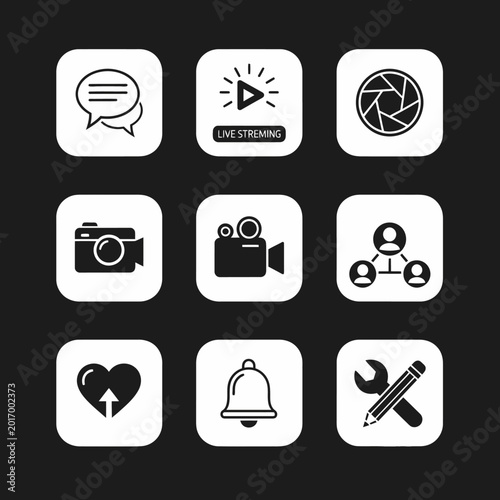 A set of 9 diverse social media and communication icons presented on a dark background
