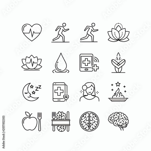 Set of health and wellness icons representing fitness, healthy food, sleep, mindfulness, and medical care