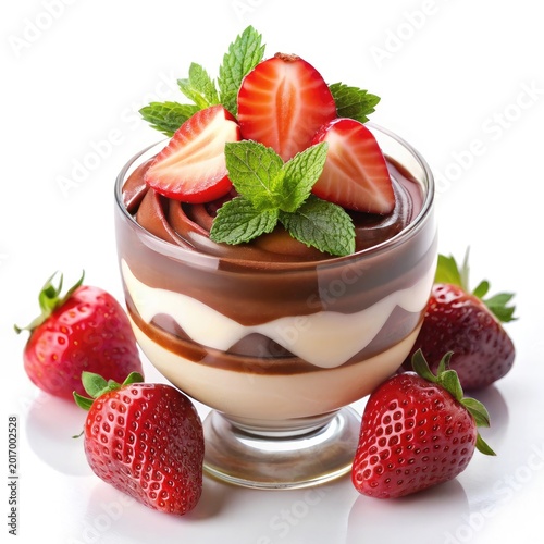 Strawberry mousse dessert in glass with fresh berries and mint garnish