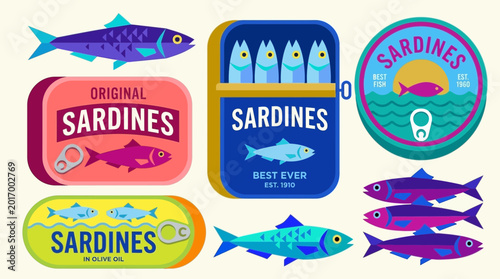 Collection of Colorful Geometric Sardine Tin Cans and Fish Illustrations in Modern Flat Design Style for Seafood Branding