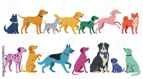 Collection of Various Colorful Stylized Cartoon Dogs and Breeds in a Flat Minimalist Illustration on White Background