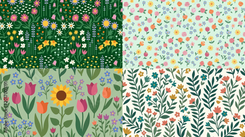 Set of four seamless floral patterns featuring vibrant wildflowers, tulips, sunflowers, and botanical illustrations in various artistic styles.