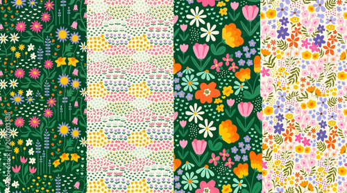 Four vibrant floral pattern designs featuring hand-drawn spring wildflowers, tulips, and daisies on green and white backgrounds.