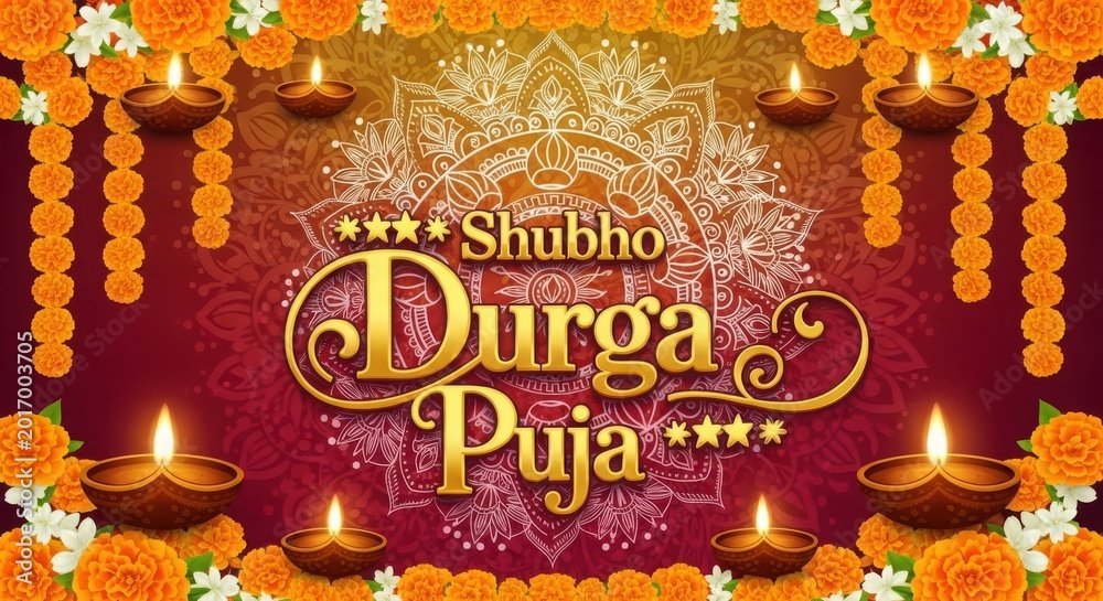 Naklejka premium Shubho durga puja festive background with traditional marigold flowers and glowing oil lamps for religious event.