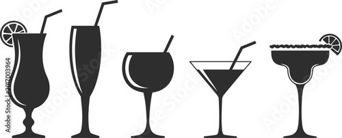Schilderij op canvas Five black silhouettes of cocktail glasses with straws and garnishes on white dr
