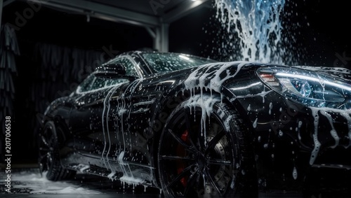 modern stylish black car in foam on a car wash on dark black background with copy space. car care banner with place for text minimalism. no people. self-service car wash.