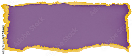 authentic textured purple paper showing unique irregular torn yellow edge border on clean white background for creative design