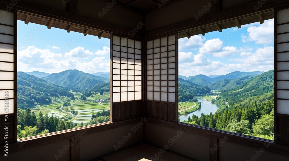 Fototapeta premium Scenic Japanese Room with Picturesque Views of Mountains and Nature.