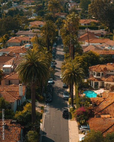 Tree-lined street with houses and parked cars