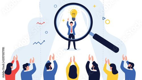 Creative businessman holds glowing lightbulb of innovation under a magnifying glass as an appreciative audience applauds him.