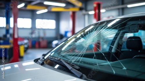 Broken car windshield with spiderweb cracks in an auto repair shop