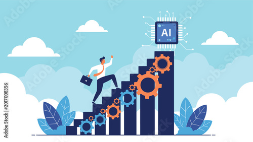 Businessman climbing stairs made of blue and orange gears towards a glowing AI chip symbolizes the integration of artificial intelligence.