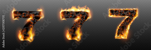 Burning number seven symbols with fiery cracks and glowing embers