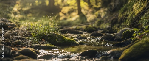 stream with rocks and moss in forest sunny natural scenery high quality professional detailed modern elegant stylish clean crisp vibrant colorful