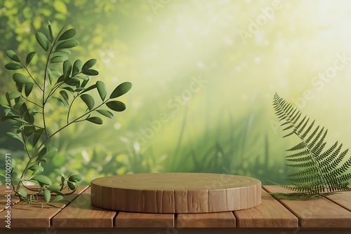 Wooden podium with green leaves on a wooden table in a natural setting high-quality professional detailed modern elegant stylish clean