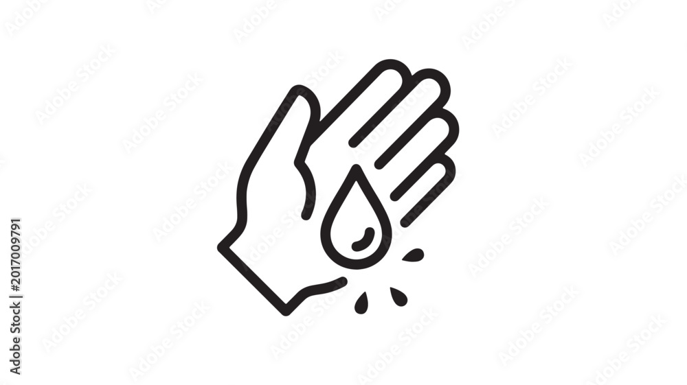 Fototapeta premium Glove hand icon with water drop symbol and splash marks, bold line art style for protective eco and hygiene themes