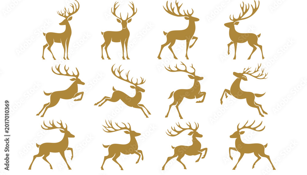 Fototapeta premium Collection of dynamic golden deer silhouettes in various poses and running motions