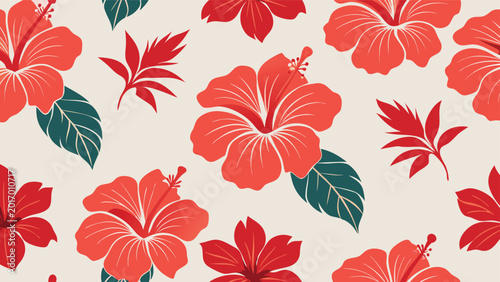 Foto Lush tropical hibiscus blossom and red palm leaf pattern on cream background for