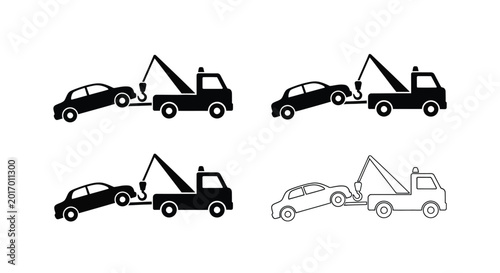 Schilderij op canvas Towing truck lifting car vehicle assistance black silhouette