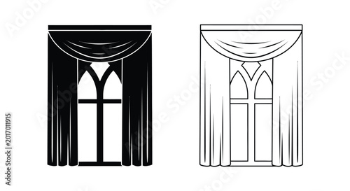 Konstfotografi Gothic window with draped curtains black and white silhouette