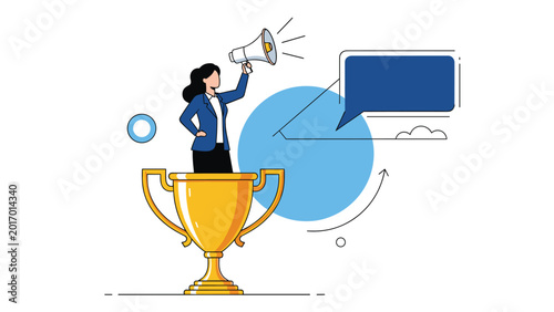 Successful businesswoman stands inside a large golden trophy and uses a megaphone to announce news, symbolizing corporate achievement.