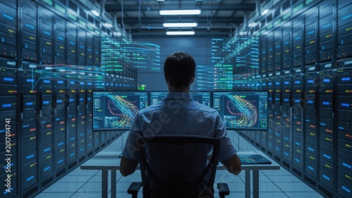 Professional system engineer monitors complex data flow and server performance metrics using advanced holographic interface screens within a secure high tech modern digital infrastructure server room