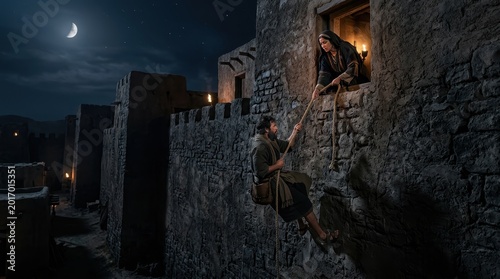 Rahab secretly lowering two Israelite spies by rope through the window, Bible story.