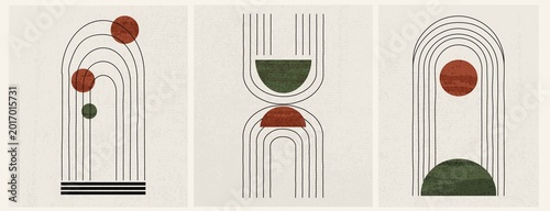 Abstract geometric boho wall art set with arch line patterns, organic textured shapes, minimalist mid century design, contemporary Scandinavian printable posters in terracotta, olive green 