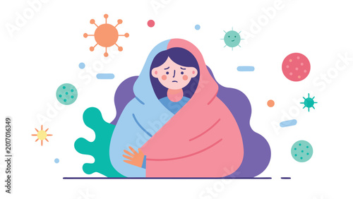 Photos Sick girl wrapped in colorful blanket feeling unwell with virus elements