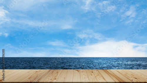 Quadro su tela Summer background table wood on sea blue ,coast island scene mockup water nature travel vacation holidays tropical, mockup ocean ecosystem energy change environment, backdrop product cosmetic