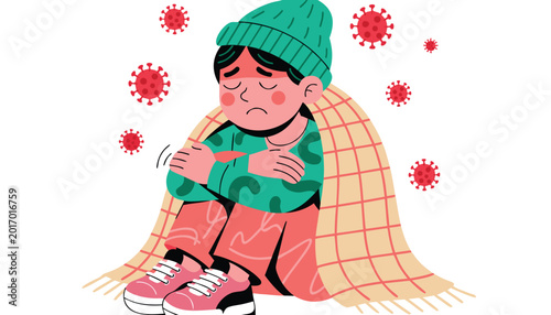 Tableau sur toile Sick child with fever feeling cold and miserable wrapped in plaid blanket during