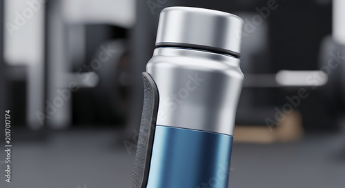 Stainless steel water bottle with blue liquid on gym floor with exercise equipment