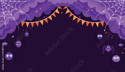 фотографія Halloween background with purple spiders, spider webs, and crescent moons under